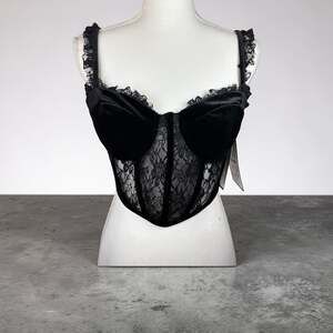 Alex & Sophia Black Velvet and Floral Lace Corset Bustier Top